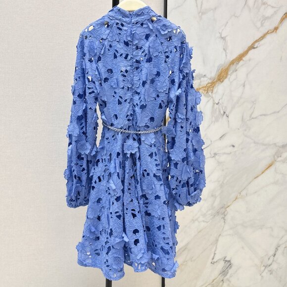 Zimmermann Blue Lace Mini Dress Long Sleeve Floral Lace Belted Dress - Picture 9 of 9